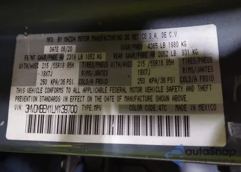 2020 Mazda Cx-30 Premium Package из США, поврежденный, VIN 3MVDMBEM1LM139700